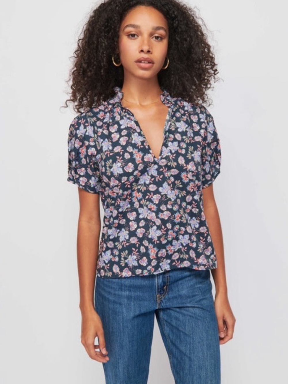 Nation LTD Floral V-Neck Short Sleeve Top Puff Sleeve